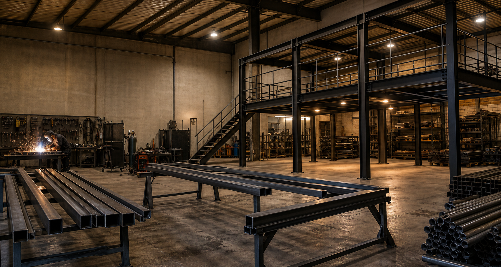 Estrutura metálica industrial em fabricação